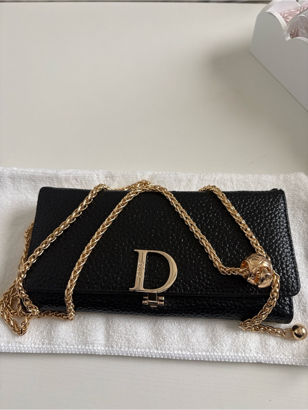 Authentic Dior Long Vintage Black Leather Bifold Wallet Gold 'D' Clasp w/Chain